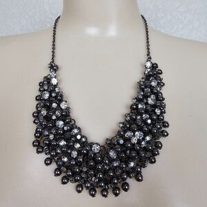 BCBGMaxAzria Statement Necklace Bead Bib Chunky Gunmetal Tone Crystal Rhinestone